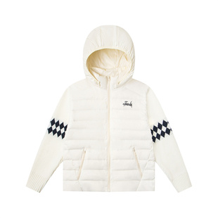 EUEH美式假两件连帽针织袖拼接排骨羽绒服50鸭绒轻便保暖男女外套