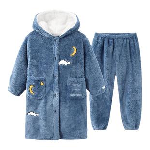 儿童珊瑚绒睡衣秋冬季小孩男童睡袍加厚款法兰绒藏浴袍家居服套装