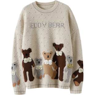 秋冬美色~加厚100%纯山羊绒衫女重工字母小熊圆领宽松羊绒毛衣