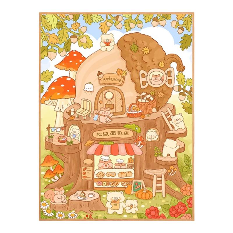 熊猫蘑菇屋diy数字油画可爱治愈系油彩画丙烯填充色减压装饰画