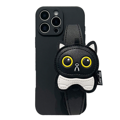 黑色Q版猫咪腕带手机壳斜跨支架
