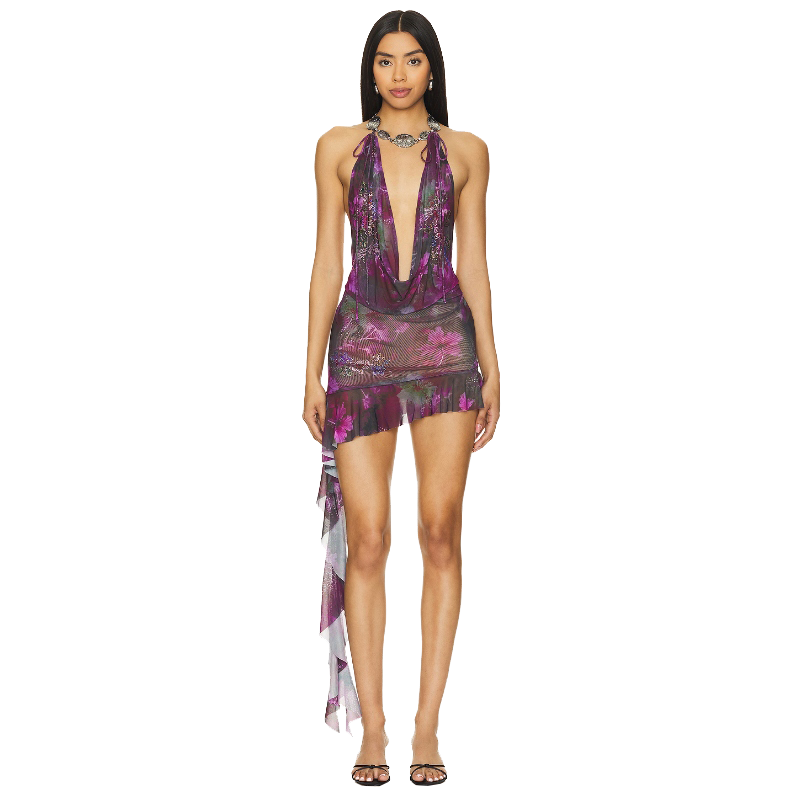 [夏季新品]Jaded London紫色连衣裙碎花深V挂脖长裙REVOLVE