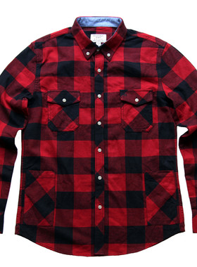 陌途马纯棉磨毛长袖红色格子衬衫