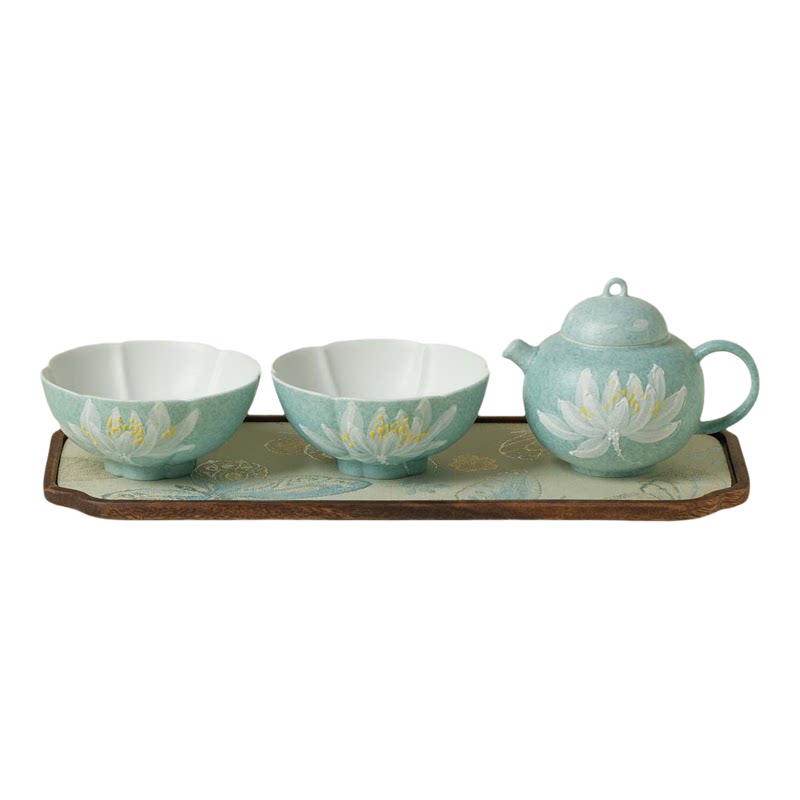 高档手绘白莲花功夫茶具一壶二杯