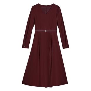 YINER音儿女装冬季法式微醺感安可拉红V领丝光羊毛收腰连衣裙