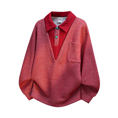 拉夏贝尔假两件polo衫卫衣加绒冬季男新款衬衫拼接设计感上衣大码