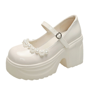 12cm高跟鞋婚鞋女主婚纱神器内增高一字扣带粗跟婚宴珍珠玛丽珍鞋