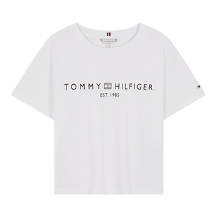 Tommy春夏女装纯棉平纹针织休闲通勤印花圆领白色打底短袖上衣T恤