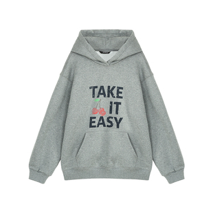 pusumede 信步首尔 韩系印花连帽卫衣女休闲慵懒帽衫加绒长袖上衣