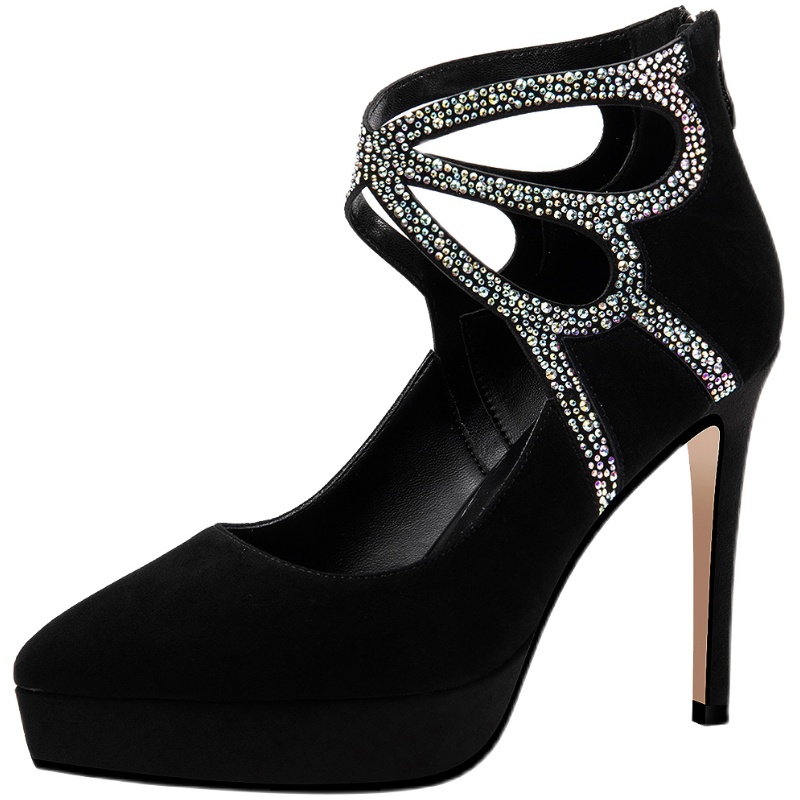 黑色水钻单鞋女2025秋季新款时尚百搭镂空蝴蝶结细跟浅口高跟鞋