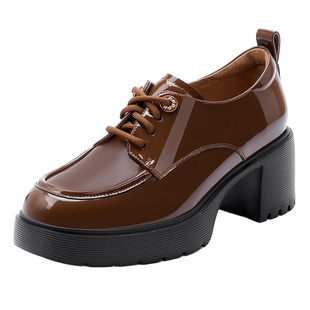 哈森/HARSON【爵士乐福鞋】25秋新款绑带棕色高跟皮鞋深口单鞋女