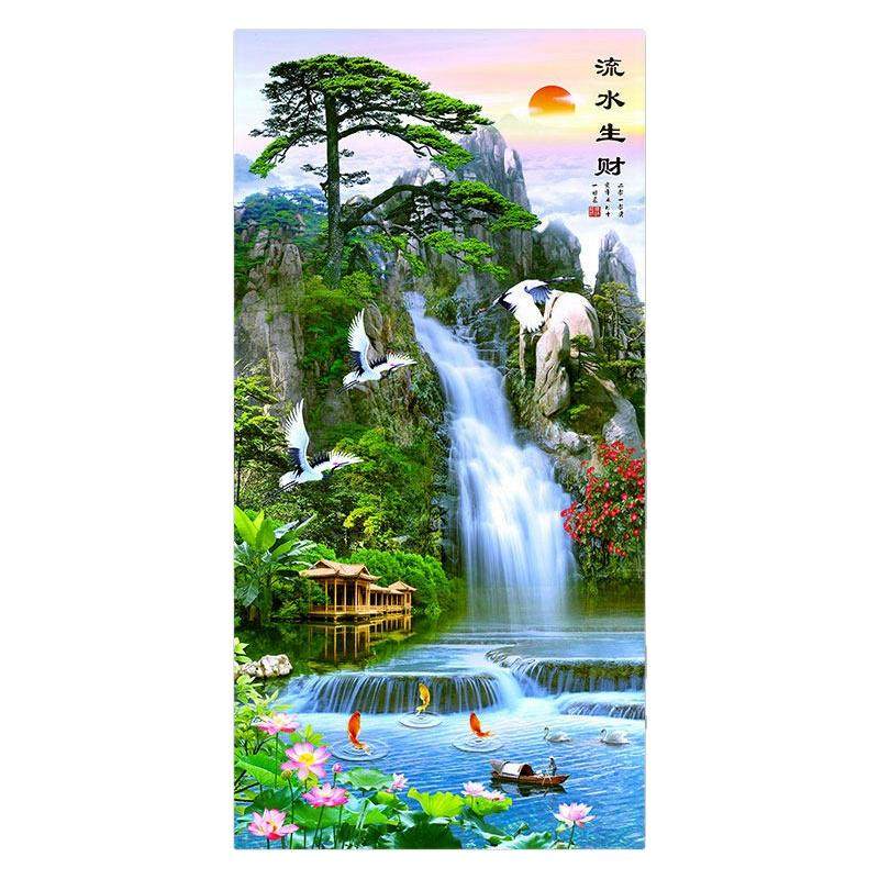 流水生财山水画客厅墙贴壁画装饰画风景画玄关壁纸挂画贴画墙画