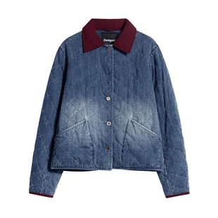 Desigual26秋冬新品宽松撞色翻领波浪菱形格行线女式牛仔棉服外套