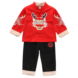 宝宝抓周礼服春秋薄款男宝纯棉红色套装婴儿女宝宝一周岁生日衣服