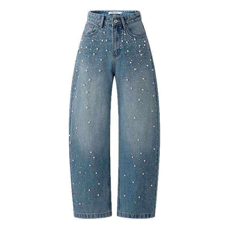 CLIMAX VISION满天星手工烫钻珍珠廓形弯刀牛仔裤钉珠水洗长裤