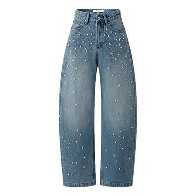 CLIMAX VISION满天星手工烫钻珍珠廓形弯刀牛仔裤钉珠水洗长裤