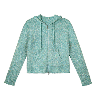 weave 薄荷奶绿 浅绿色花纱羊毛针织混纺连帽开衫毛衣短合身外套