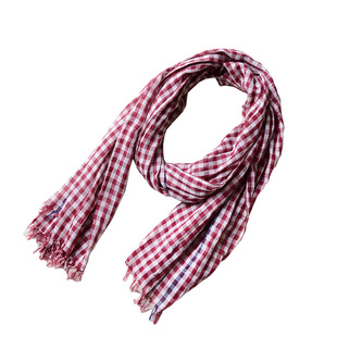 日式 红色格子围巾女薄款纯棉莫代尔黑白小格子围巾披肩棉麻丝巾