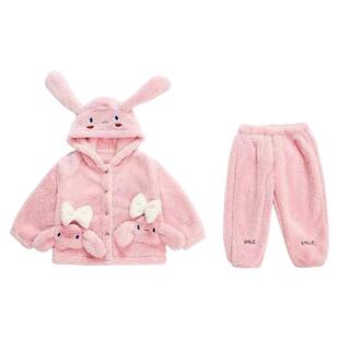 儿童家居服冬季新款女宝宝卡通小兔子连帽毛绒睡衣女童保暖套装