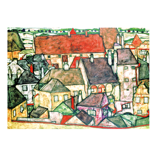 席勒《黄色小镇》欧式抽象装饰画建筑油画世界名画小众艺术挂画