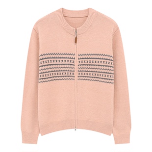 Basic House/百家好粉色提花开衫女春季宽松圆领拉链针织毛衣外套