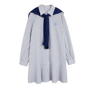紫涵纯棉蓝格连衣裙女2026年春季新款甜美翻领长袖搭配披肩衬衫裙