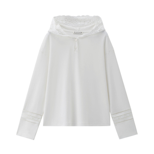 设计师款佐丹奴2026年春新款拼接蕾丝镂空连帽T恤女长袖18325822