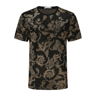 宾度男装春夏季男士轻奢老虎元素提花烫钻休闲短袖T恤男夏季上衣