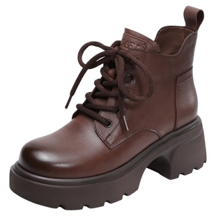 牛皮新款真皮黑色厚底粗跟马丁靴女款舒适2026春秋季女士休闲皮靴