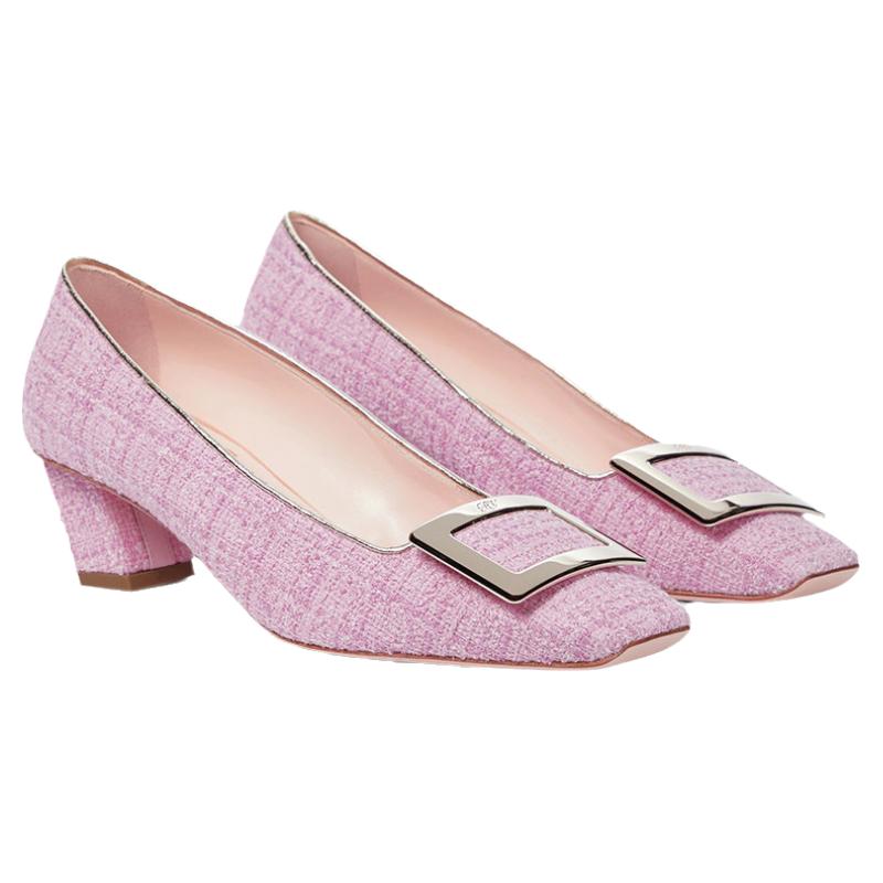 Roger Vivier/罗杰·维维亚女士粉红色绒布织物金属扣方头高跟鞋