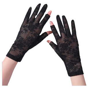 夏天防晒手套女弹力薄款开车骑行防滑婚庆礼仪性感黑色蕾丝露指春