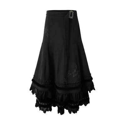 BAK「飘雪雾凇」重工假两件裙烫钻层次花边长裙秋冬百搭伞型半裙