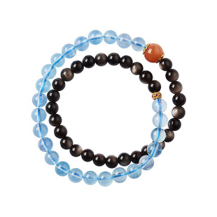 海蓝宝黑曜石手串女天然水晶双层五行补水金太阳石多宝手链手饰品