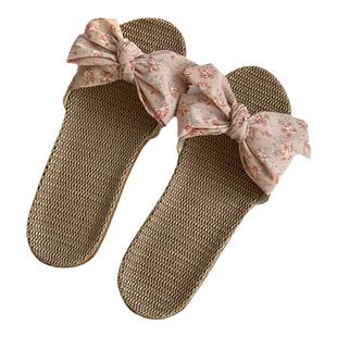 H.家 一款小清新的日系碎花蝴蝶结亚麻凉拖鞋女夏室内居家用防滑