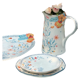 出口家用陶瓷釉下浮雕创意小吃盘别墅餐具8寸10寸餐盘花瓶2024