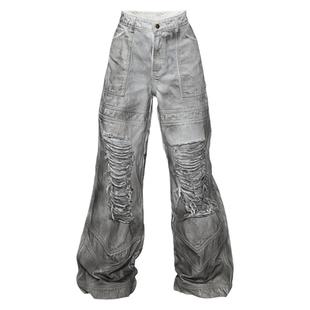 RecoverZone 美式高街复古水洗牛仔裤夏季灰色设计感拖地长裤子