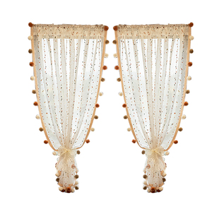 彩虹糖豆棉麻窗帘多巴胺可门帘儿童公主风少女卧室毛球纱帘奶油风