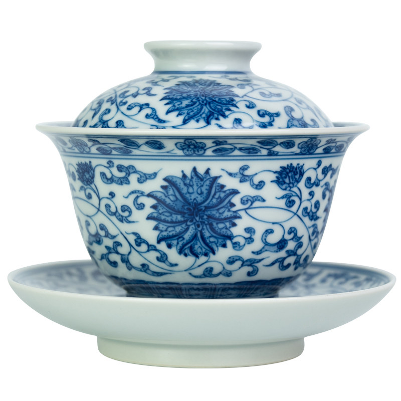 仿古青花缠枝莲三才盖碗