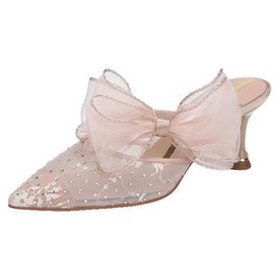 星期六凉鞋女2026春季爆款尖头蕾丝细高跟网纱巨好看蝴蝶结穆勒鞋