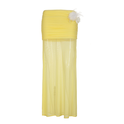 WEEKEEP 度假风羽毛装饰褶皱纱网拼接半身裙飘逸低腰包臀开叉长裙