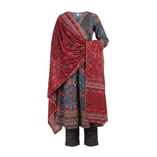 印度进口女装纯棉印花3件套异域风情旁遮比中长款蓝色套装