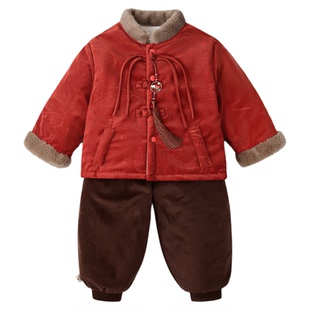 儿童拜年服冬季男女宝宝加绒加厚周岁礼服唐装棉衣棉裤两件套装A