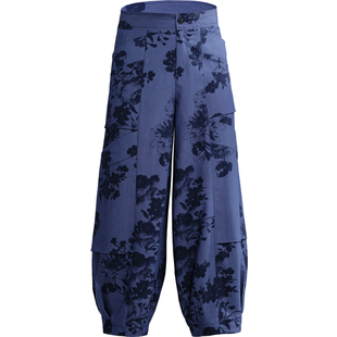 春秋新款高腰灯笼裤休闲阔腿花苞裤免烫印花复古仿牛仔妈妈裤