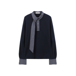 西町村屋学院感小衫女2026春新款格纹拼接飘带长袖上衣XABA10001