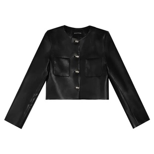 黑色复古好看又a又飒圆领皮衣短外套女春新款小个子显瘦气质夹克