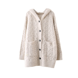 慵懒风连帽麻花毛衣开衫女秋冬新款韩版宽松中长款外搭针织衫外套