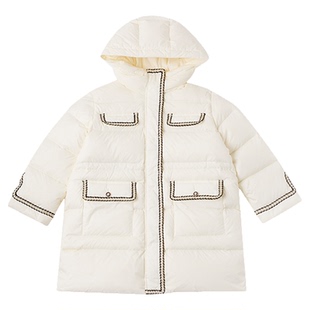 RBIGX瑞比克童装2025冬季新款小香风织带女童中长款连帽羽绒服