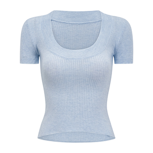 Go Girl Go 欧美风性感低领弹力短袖针织衫女修身显瘦T恤短款上衣