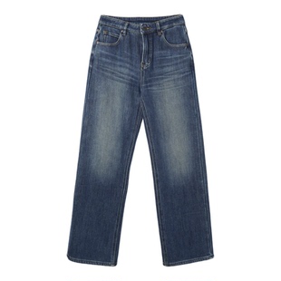 MENGJIAN深蓝色加绒牛仔直筒长裤女2025秋冬新款高腰显瘦拖地裤子