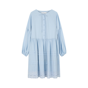 BLUEerror 灯笼袖花边白色长袖连衣裙慵懒圆领海边长裙早秋裙子